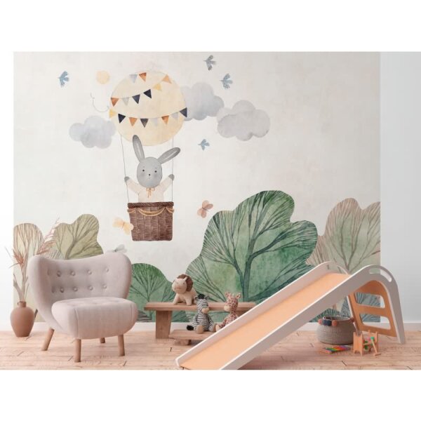 Fototapete Heißluftballon mit Bär Kinderzimmer - Verspielte Tierwelt in sanften Farben - livingwalls Vliestapete (399051)