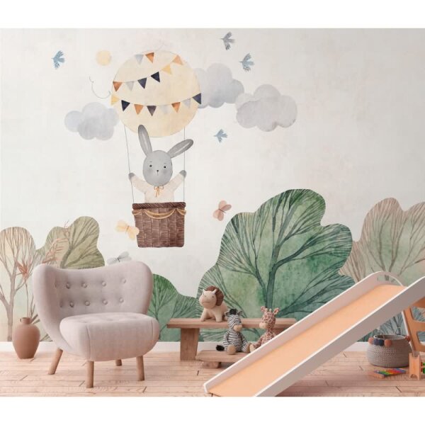 Fototapete Heißluftballon mit Bär Kinderzimmer - Verspielte Tierwelt in sanften Farben - livingwalls Vliestapete (399051)