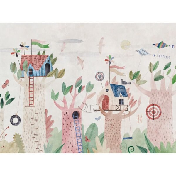 Fototapete Baumhäuser mit Tieren Kinderzimmer - Verspieltes Waldmotiv bunt illustriert - livingwalls Vliestapete (399061)