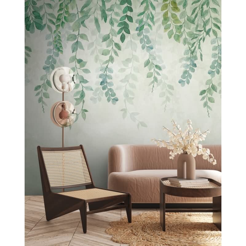 Fototapete Hängende Blätter Aquarell Grün - Frisches Naturmotiv mit zarten Ranken - livingwalls Vliestapete (399071)