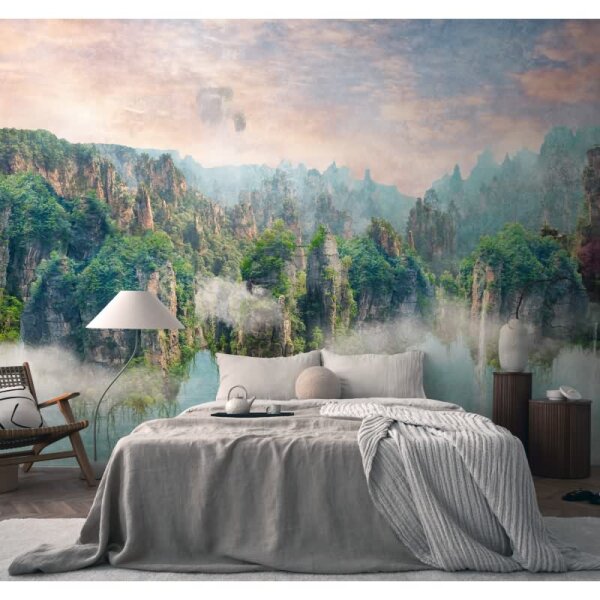 Fototapete Bergsee Panorama Grün Blau - Naturidylle mit See, Wald und Alpen - livingwalls Vliestapete (399081)