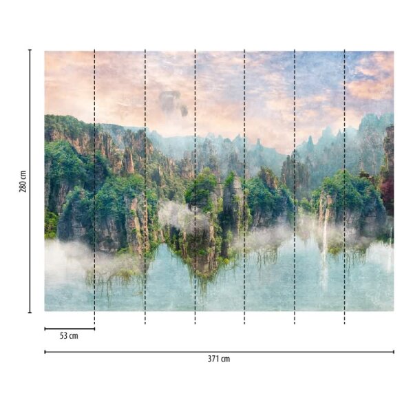 Fototapete Bergsee Panorama Grün Blau - Naturidylle mit See, Wald und Alpen - livingwalls Vliestapete (399081)