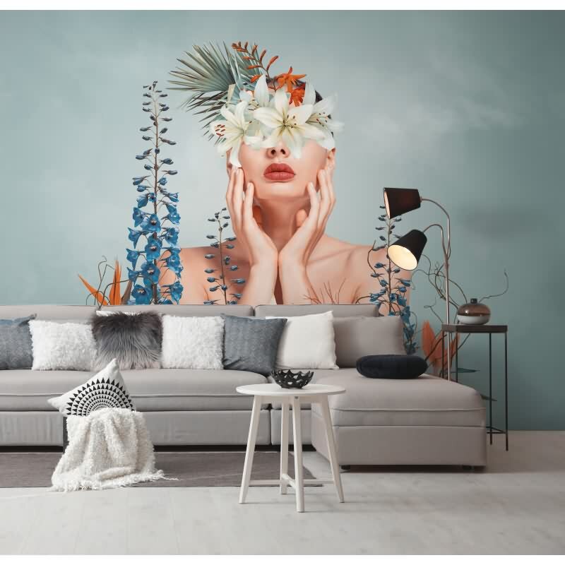 Fototapete Frau mit Blumen Pastell Türkis - Künstlerisches Portrait mit floralen Elementen - livingwalls Vliestapete (399111)