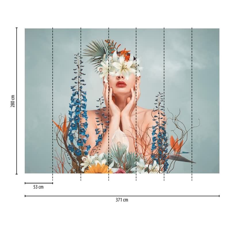 Fototapete Frau mit Blumen Pastell Türkis - Künstlerisches Portrait mit floralen Elementen - livingwalls Vliestapete (399111)
