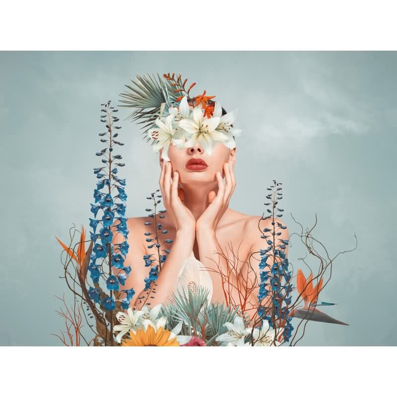 Fototapete Frau mit Blumen Pastell Türkis - Künstlerisches Portrait mit floralen Elementen - livingwalls Vliestapete (399111)