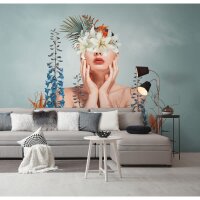 Fototapete Frau mit Blumen Pastell T&uuml;rkis -...