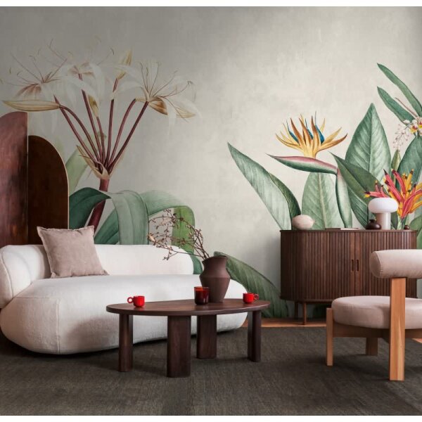 Fototapete Tropische Pflanzen Beige Grün - Exotisches Blumenmotiv im Vintage-Stil - livingwalls Vliestapete (399171)