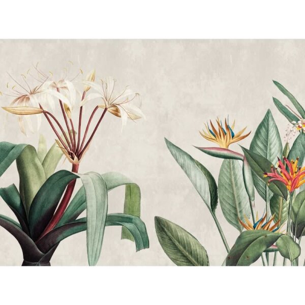 Fototapete Tropische Pflanzen Beige Grün - Exotisches Blumenmotiv im Vintage-Stil - livingwalls Vliestapete (399171)