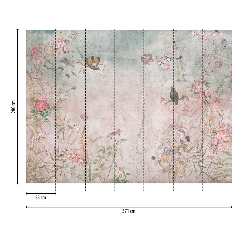 Fototapete Vintage Blumen Aquarell Rosa Grün - Romantisches Blumenmuster mit Vögeln - livingwalls Vliestapete (399201)
