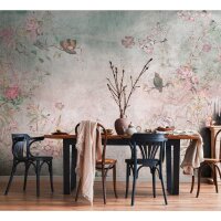 Fototapete Vintage Blumen Aquarell Rosa Gr&uuml;n -...