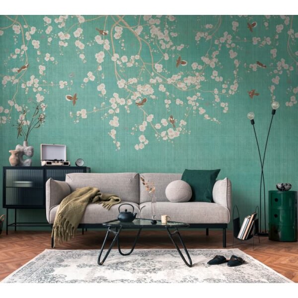 Fototapete Blütenzweige Türkis Beige - Florale Hängemotive mit Vögeln - livingwalls Vliestapete asiatisch inspiriert (399211)