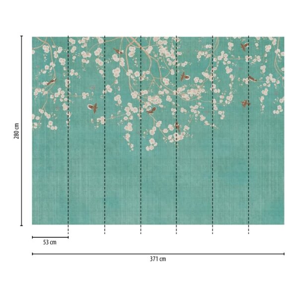Fototapete Blütenzweige Türkis Beige - Florale Hängemotive mit Vögeln - livingwalls Vliestapete asiatisch inspiriert (399211)