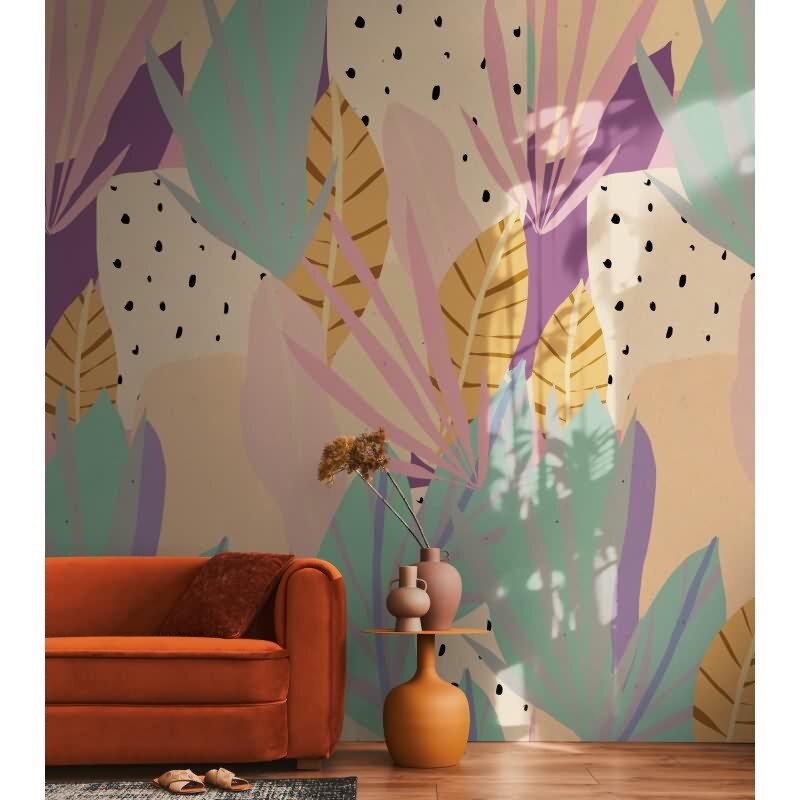 Tropische Boho livingwalls Vliestapete - Wandbild 280x159 cm - Dezente Naturfarben mit exotischem Blättermuster (782082)