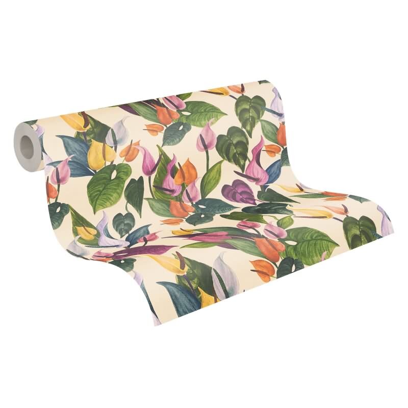 Botanische livingwalls Vliestapete mit Calla-Blüten - Tropischer Blumenprint auf beigem Grund (782101)