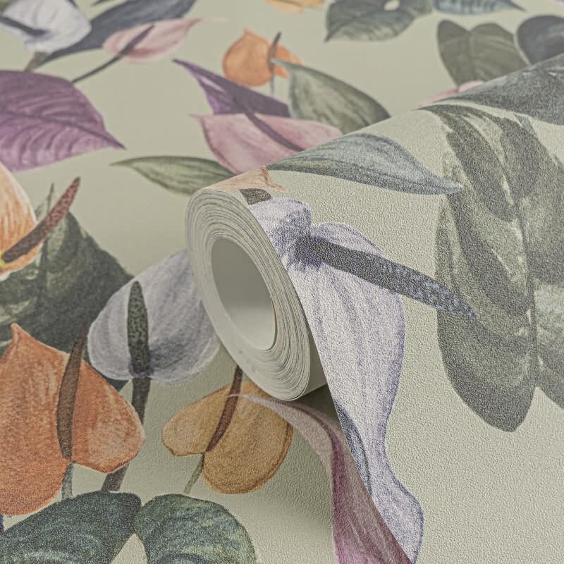 Botanische livingwalls Vliestapete mit Calla-Blüten - Tropischer Blumenprint auf olivgrünem Hintergrund (782102)