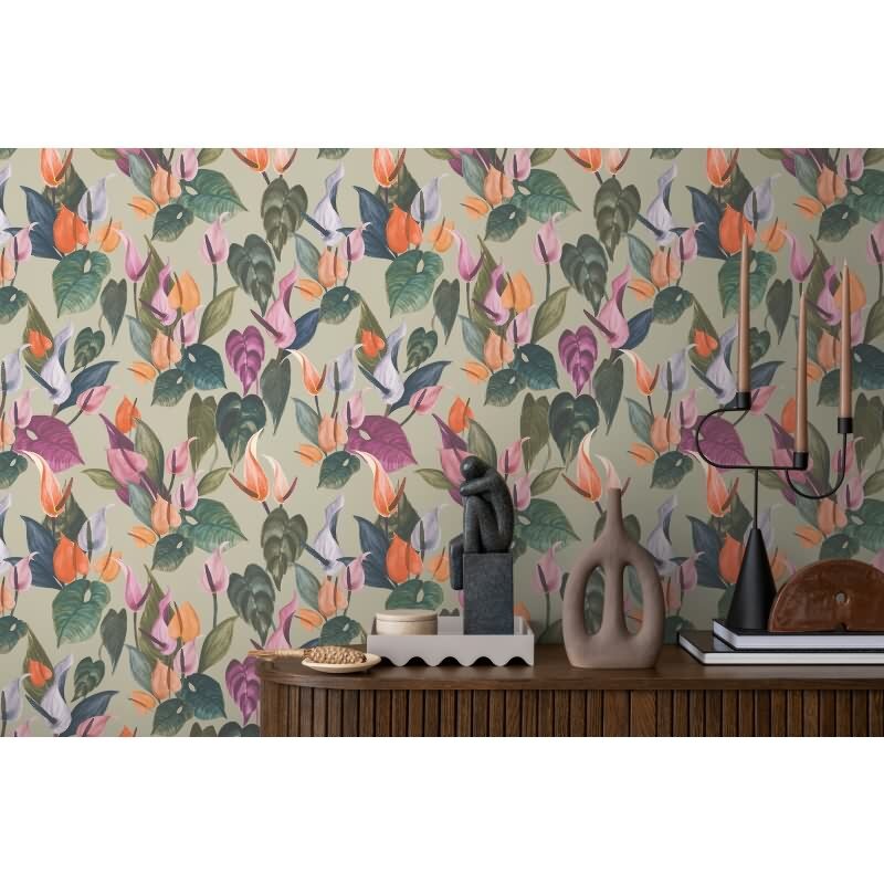 Botanische livingwalls Vliestapete mit Calla-Blüten - Tropischer Blumenprint auf olivgrünem Hintergrund (782102)