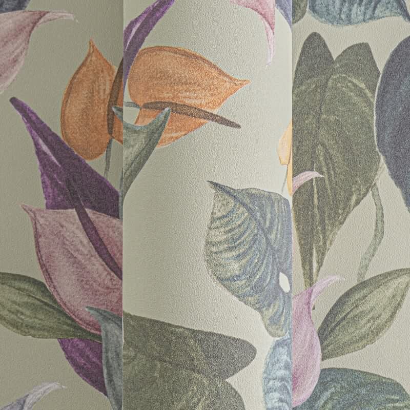 Botanische livingwalls Vliestapete mit Calla-Blüten - Tropischer Blumenprint auf olivgrünem Hintergrund (782102)