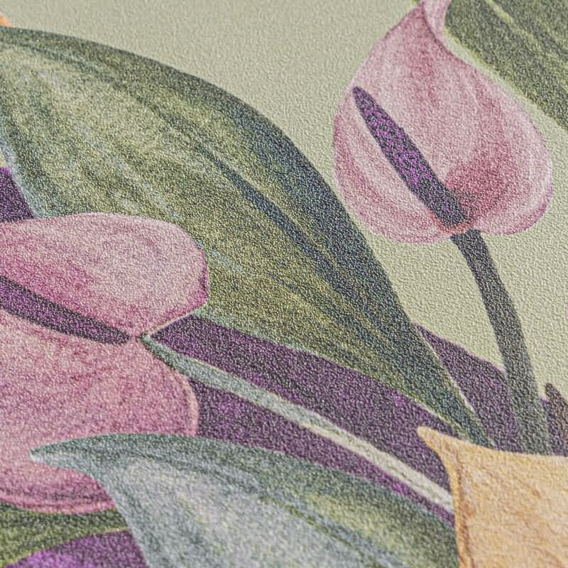 Botanische livingwalls Vliestapete mit Calla-Blüten - Tropischer Blumenprint auf olivgrünem Hintergrund (782102)