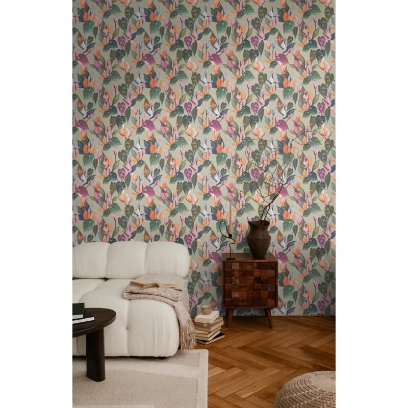 Botanische livingwalls Vliestapete mit Calla-Blüten - Tropischer Blumenprint auf olivgrünem Hintergrund (782102)