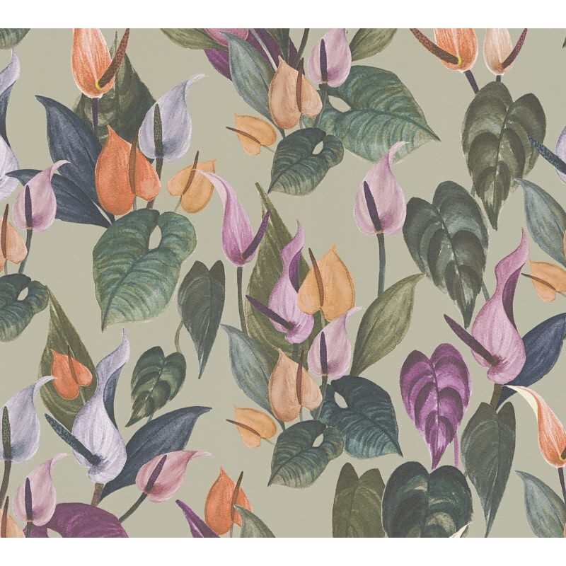 Botanische livingwalls Vliestapete mit Calla-Blüten - Tropischer Blumenprint auf olivgrünem Hintergrund (782102)