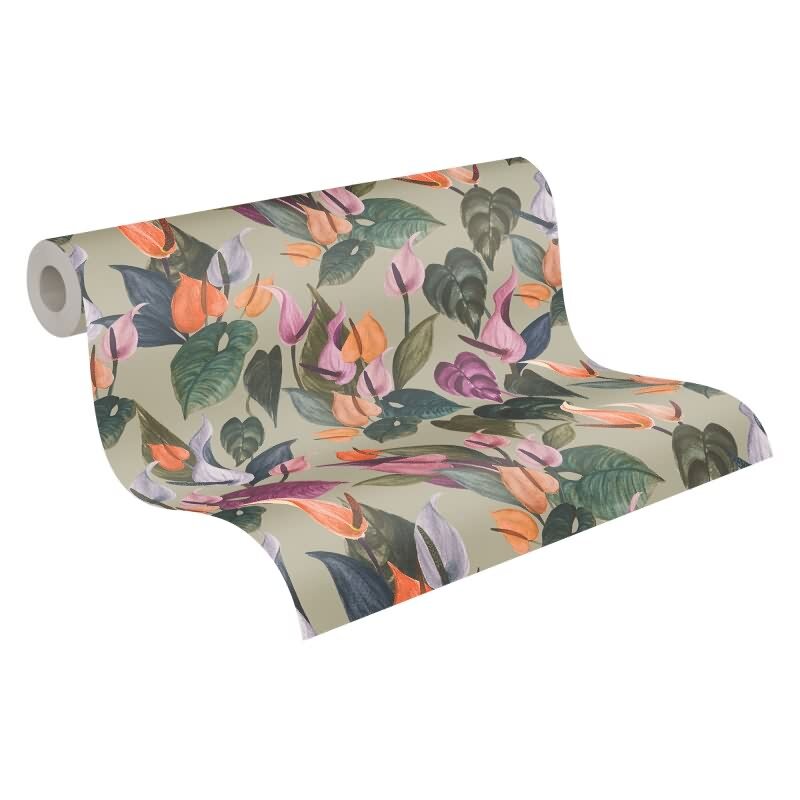 Botanische livingwalls Vliestapete mit Calla-Blüten - Tropischer Blumenprint auf olivgrünem Hintergrund (782102)