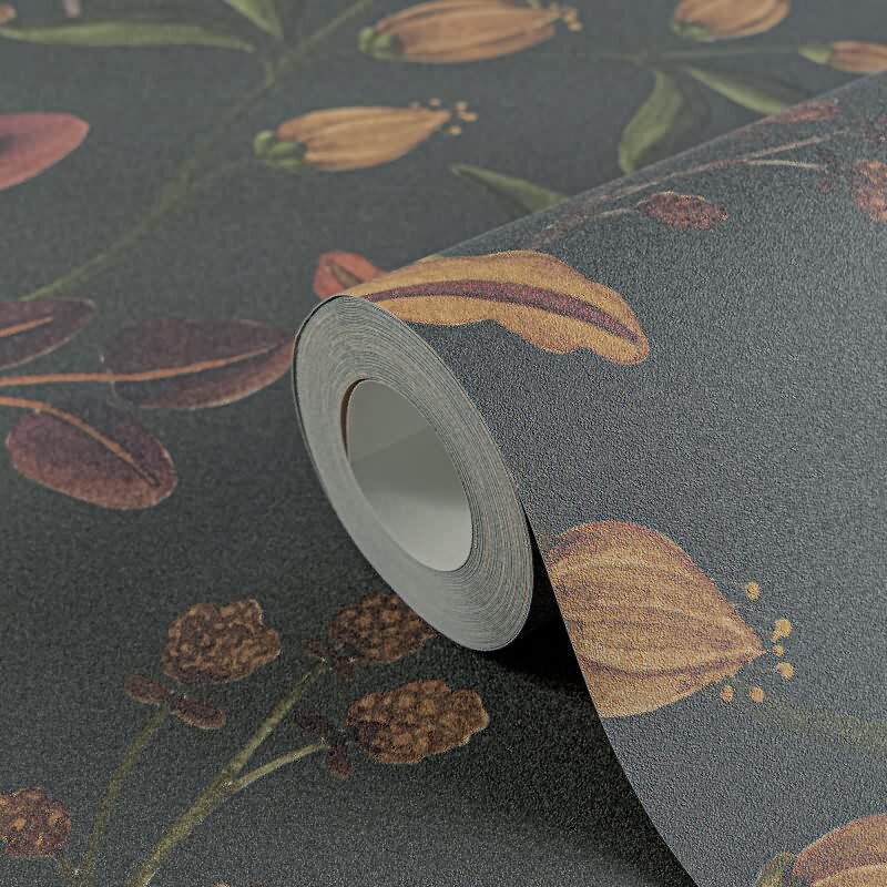 Elegante livingwalls Vliestapete mit herbstlichen Blüten - florales Muster auf dunklem Grund (782112)