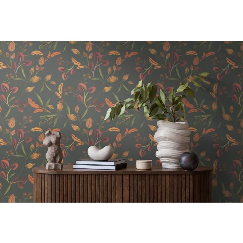 Elegante livingwalls Vliestapete mit herbstlichen Blüten - florales Muster auf dunklem Grund (782112)