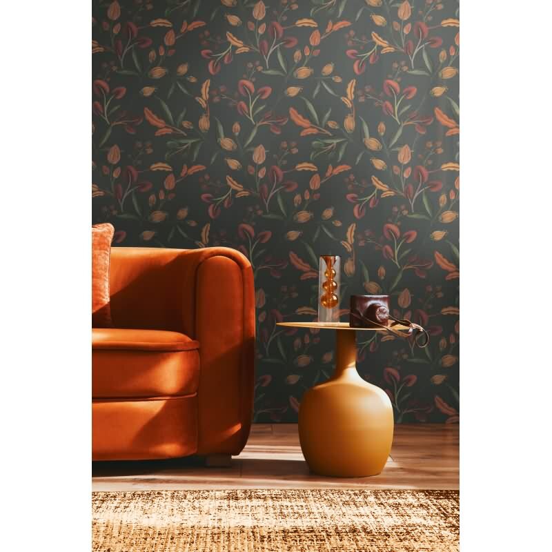 Elegante livingwalls Vliestapete mit herbstlichen Blüten - florales Muster auf dunklem Grund (782112)