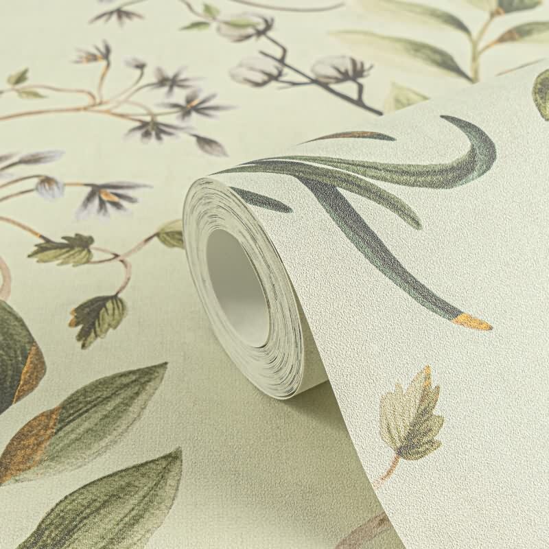 Zarte livingwalls Vliestapete mit botanischem Muster - Blätter und Blüten auf hellem Grund (782121)