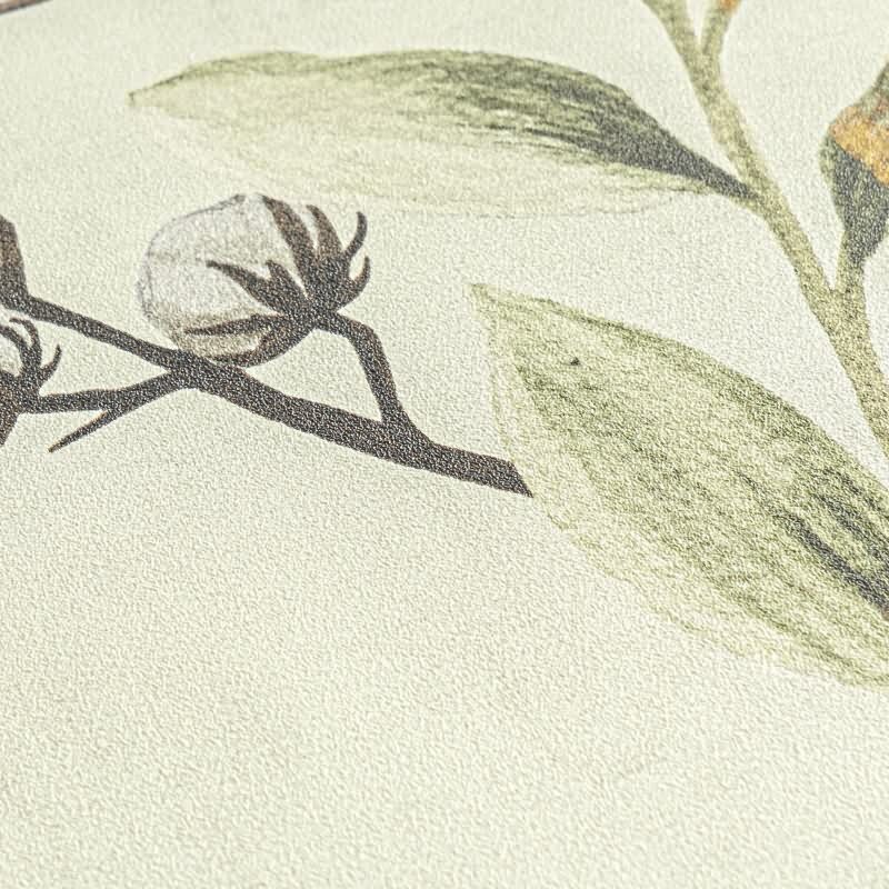 Zarte livingwalls Vliestapete mit botanischem Muster - Blätter und Blüten auf hellem Grund (782121)