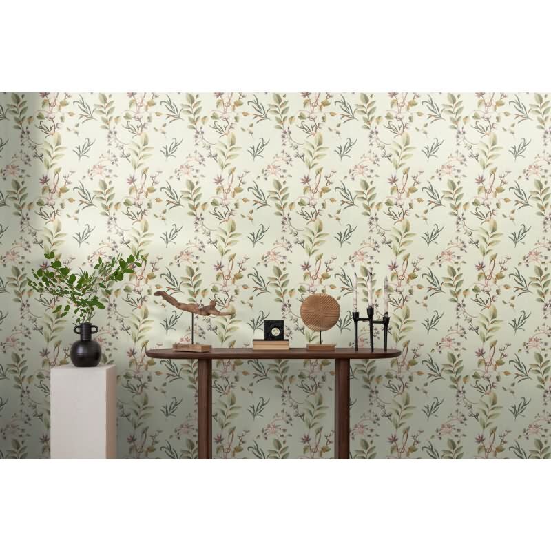 Zarte livingwalls Vliestapete mit botanischem Muster - Blätter und Blüten auf hellem Grund (782121)