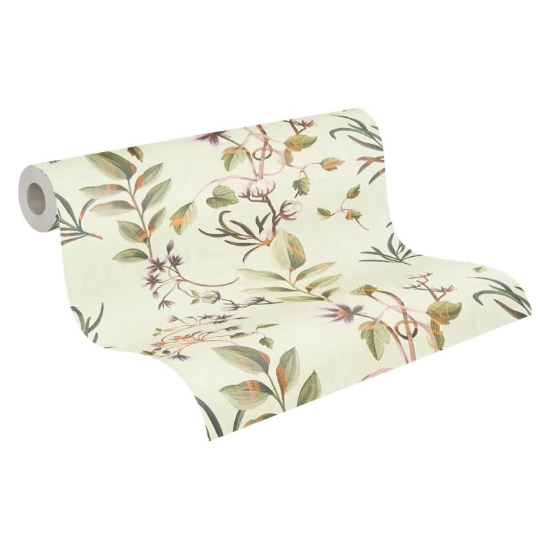 Zarte livingwalls Vliestapete mit botanischem Muster - Blätter und Blüten auf hellem Grund (782121)