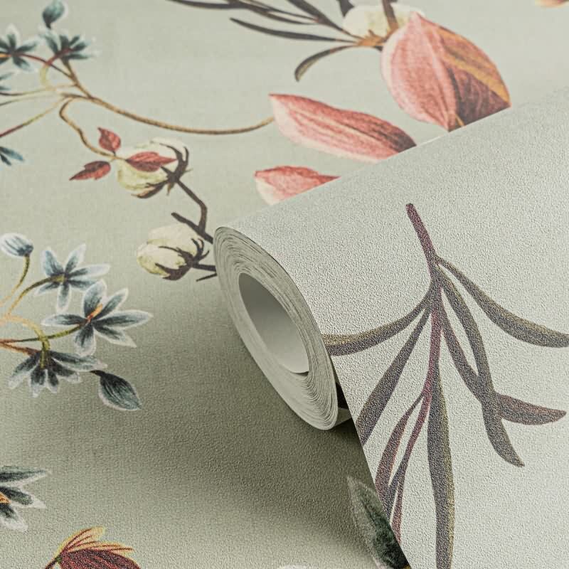 Botanische livingwalls Vliestapete in warmen Tönen - Naturmotiv auf salbeigrünem Grund (782122)