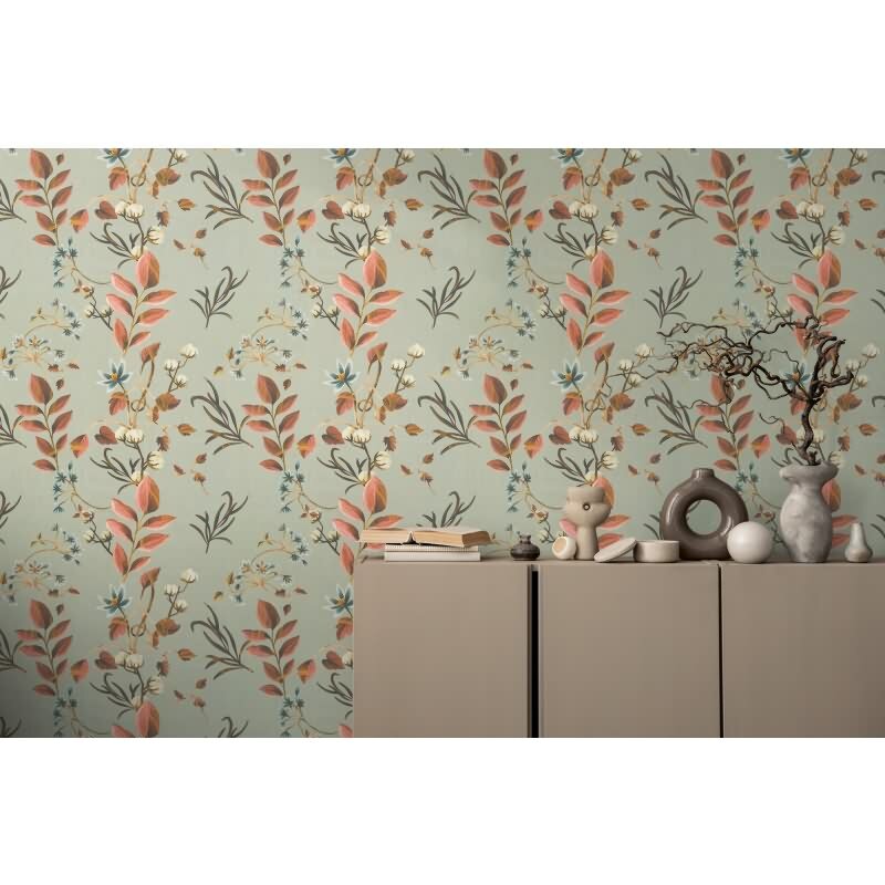 Botanische livingwalls Vliestapete in warmen Tönen - Naturmotiv auf salbeigrünem Grund (782122)