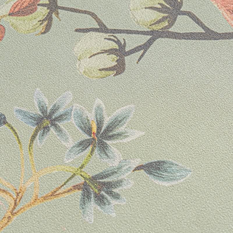 Botanische livingwalls Vliestapete in warmen Tönen - Naturmotiv auf salbeigrünem Grund (782122)