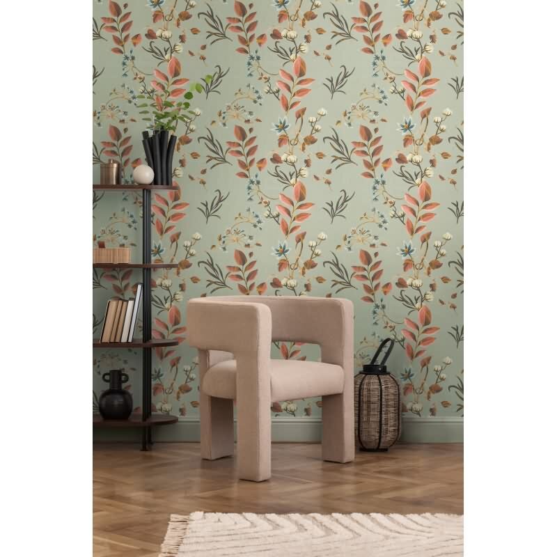 Botanische livingwalls Vliestapete in warmen Tönen - Naturmotiv auf salbeigrünem Grund (782122)