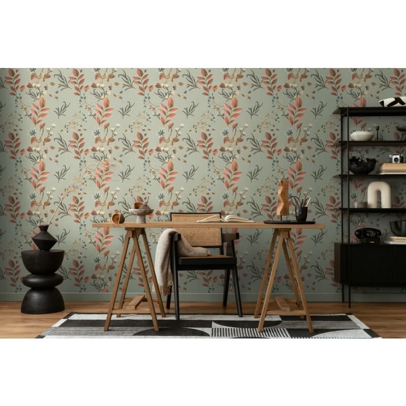 Botanische livingwalls Vliestapete in warmen Tönen - Naturmotiv auf salbeigrünem Grund (782122)