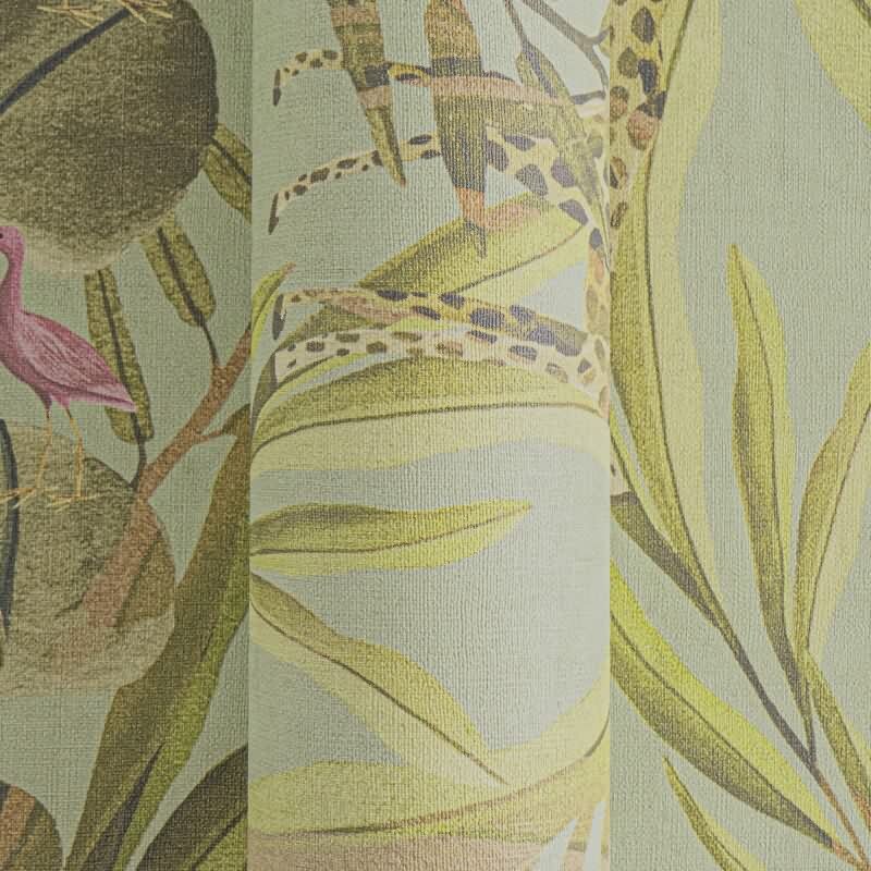 Tropische Tierwelt - Tapete mit Zebras, Giraffen & exotischen Vögeln auf grünem Hintergrund livingwalls (782181)