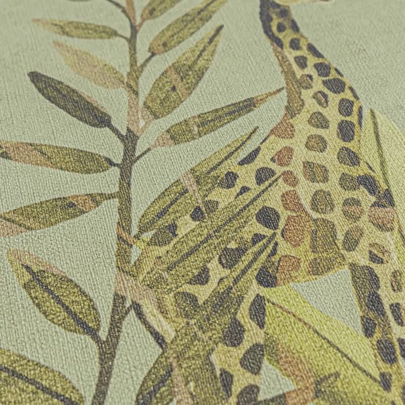 Tropische Tierwelt - Tapete mit Zebras, Giraffen & exotischen Vögeln auf grünem Hintergrund livingwalls (782181)