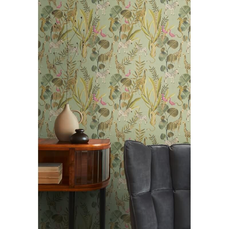 Tropische Tierwelt - Tapete mit Zebras, Giraffen & exotischen Vögeln auf grünem Hintergrund livingwalls (782181)