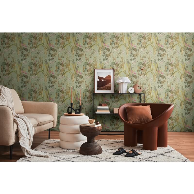 Tropische Tierwelt - Tapete mit Zebras, Giraffen & exotischen Vögeln auf grünem Hintergrund livingwalls (782181)