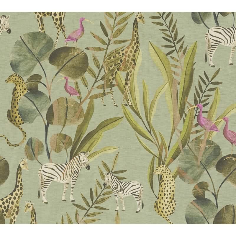 Tropische Tierwelt - Tapete mit Zebras, Giraffen & exotischen Vögeln auf grünem Hintergrund livingwalls (782181)