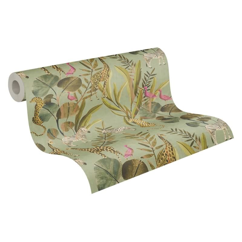 Tropische Tierwelt - Tapete mit Zebras, Giraffen & exotischen Vögeln auf grünem Hintergrund livingwalls (782181)