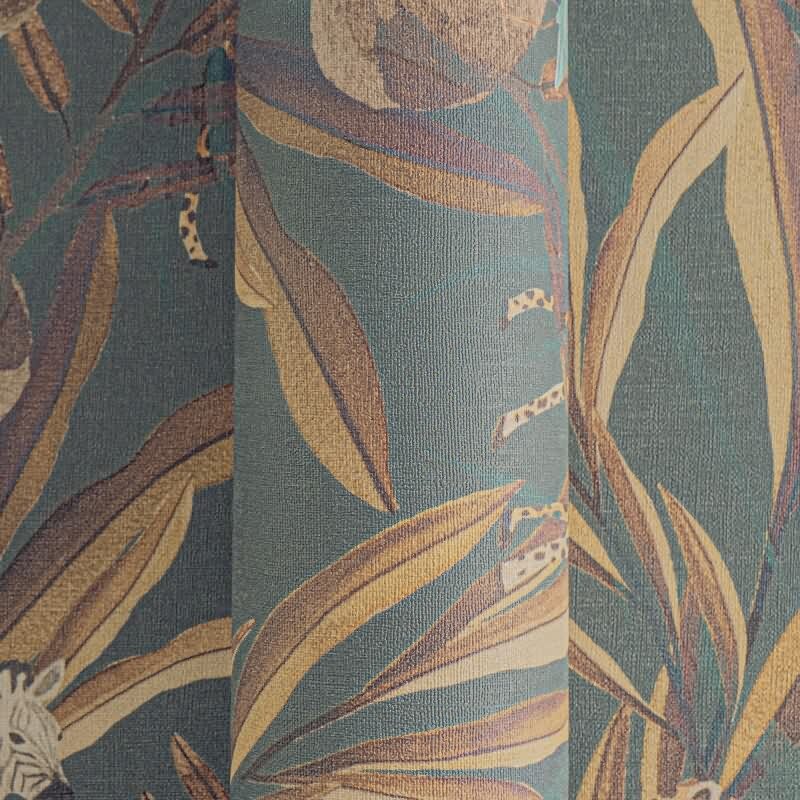 Dunkle Safari-Tapete mit Zebras, Giraffen & exotischen Vögeln auf grünbraunem Hintergrund livingwalls (782182)