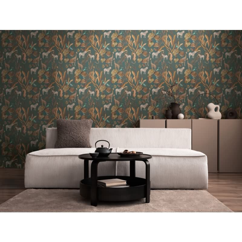 Dunkle Safari-Tapete mit Zebras, Giraffen & exotischen Vögeln auf grünbraunem Hintergrund livingwalls (782182)