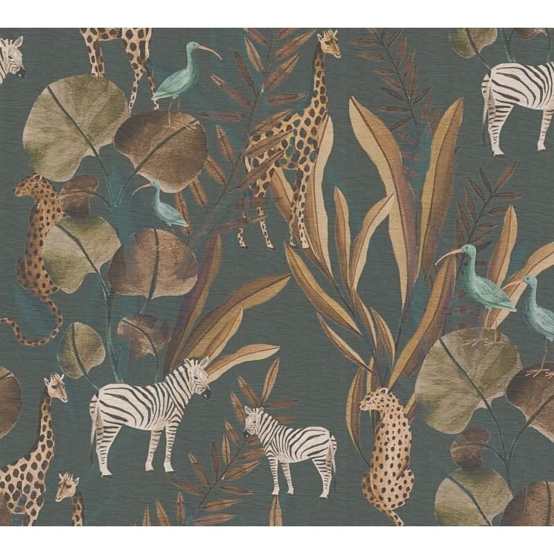 Dunkle Safari-Tapete mit Zebras, Giraffen & exotischen Vögeln auf grünbraunem Hintergrund livingwalls (782182)