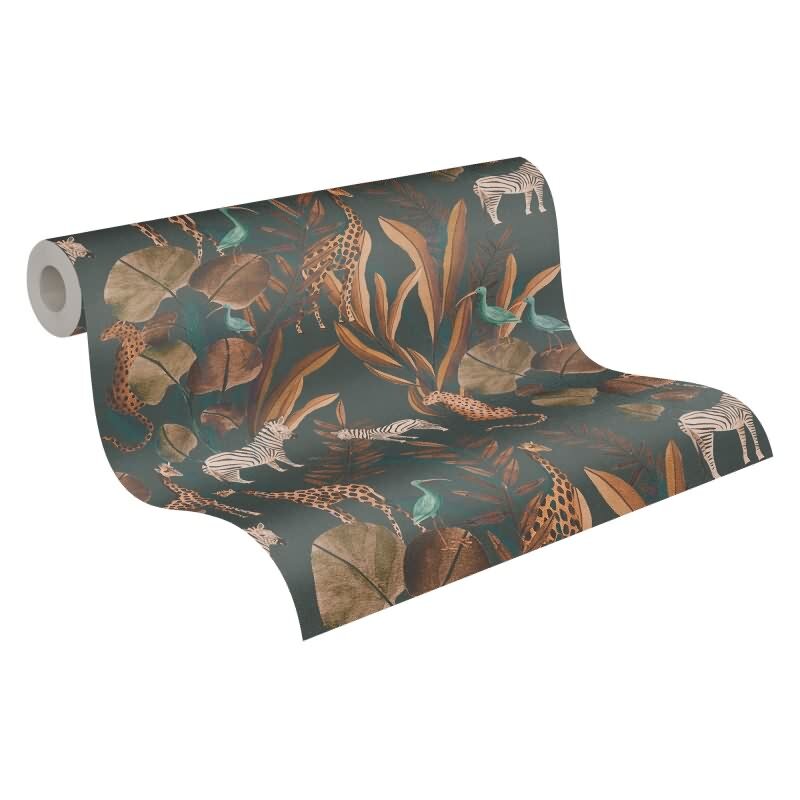 Dunkle Safari-Tapete mit Zebras, Giraffen & exotischen Vögeln auf grünbraunem Hintergrund livingwalls (782182)