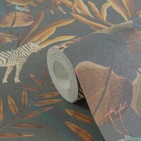 Dunkle Safari-Tapete mit Zebras, Giraffen &amp;...