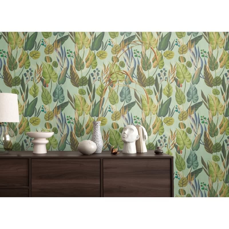 Tropische Tapete mit großflächigem Blattmotiv in Grüntönen auf mintgrünem Grund livingwalls (782191)