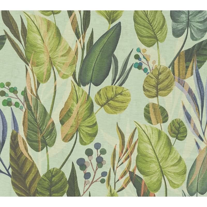 Tropische Tapete mit großflächigem Blattmotiv in Grüntönen auf mintgrünem Grund livingwalls (782191)